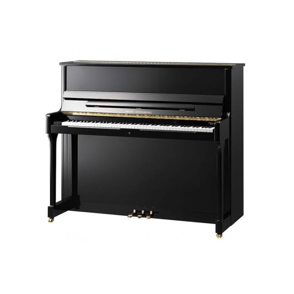 Piano droit noir élégant avec finitions dorées, idéal pour les musiciens passionnés et les amateurs de musique classique.