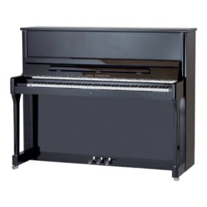 Piano droit noir brillant avec pédales et clavier visibles, marqué Wilh. Steinberg, idéal pour la musique classique.