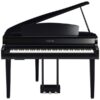 Piano à queue noir Yamaha avec 88 touches et trois pédales, idéal pour les musiciens professionnels et amateurs de musique classique.