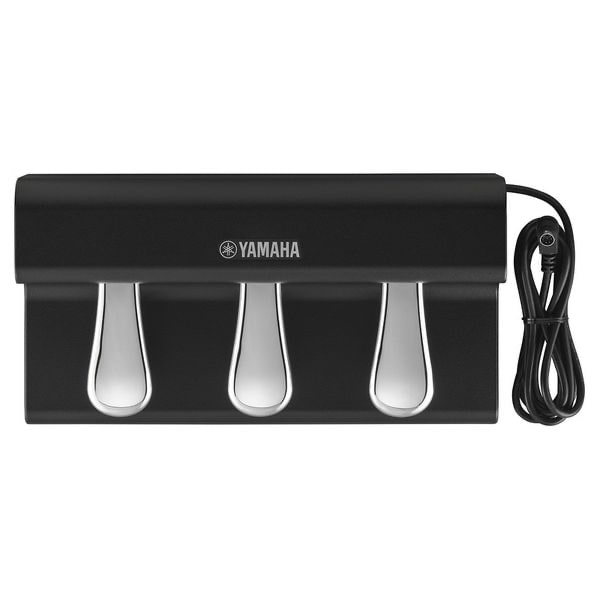 Pédalier triple Yamaha pour piano numérique, modèle noir avec logo, trois pédales argentées et câble de connexion.