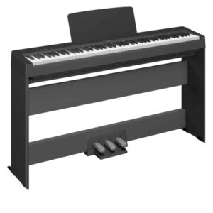 Piano numérique noir avec support et pédales, idéal pour les musiciens et apprentis. Design moderne et élégant.
