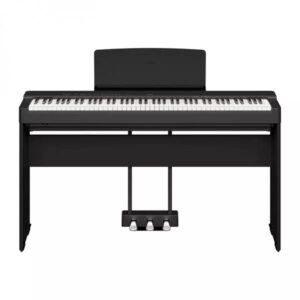 Piano numérique noir avec 88 touches et pédales intégrées, idéal pour les musiciens amateurs et professionnels.