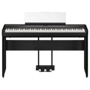 Piano numérique noir avec clavier complet, support et pédalier intégré, idéal pour les musiciens professionnels et amateurs.
