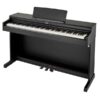 Piano numérique noir élégant avec trois pédales et touches blanches, idéal pour le jeu à domicile ou en studio.