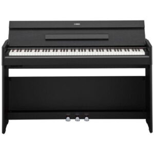 Piano numérique noir avec trois pédales et touches blanches et noires, idéal pour les musiciens professionnels et débutants.