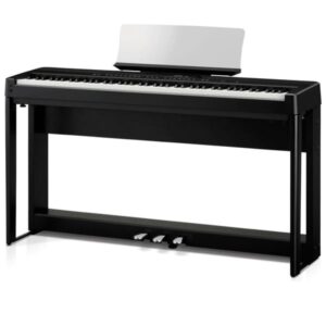Piano numérique noir avec pédalier et pupitre à partition, idéal pour apprentis et musiciens confirmés, design moderne.