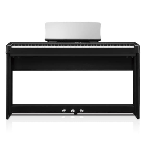 Piano numérique noir avec support et pédales, clavier avec touche blanche et noire, idéal pour musiciens et débutants.