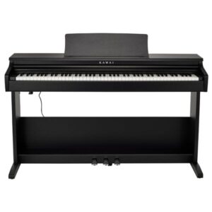 Piano numérique noir Kawai avec 88 touches et trois pédales, conçu pour une expérience musicale authentique et immersive.