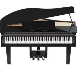 Piano numérique noir avec couvercle ouvert, clavier complet et trois pédales, conçu pour la performance musicale intérieure.