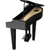 Piano noir à queue élégant avec couvercle ouvert, révélant les cordes et le mécanisme interne. Idéal pour musiciens et amateurs de musique.