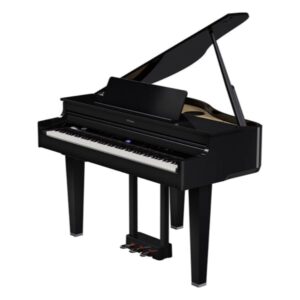 Piano droit noir brillant, avec clavier blanc et noir, ainsi que trois pédales. Idéal pour la musique classique et moderne.