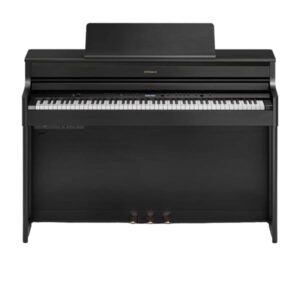Piano numérique noir avec trois pédales, clavier complet et support de partition, idéal pour la pratique et la performance musicale.