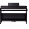 Piano numérique noir avec touches blanches et noires, pupitre et pédales dorées, modèle moderne sur pied.