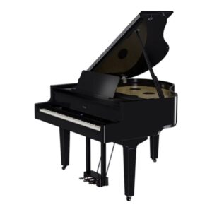 Piano à queue noir élégant avec son couvercle ouvert, exposant les cordes, idéal pour performances et décors raffinés.