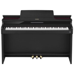 Un piano numérique Casio noir avec trois pédales dorées en vue avant. Parfait pour les musiciens amateurs et professionnels.
