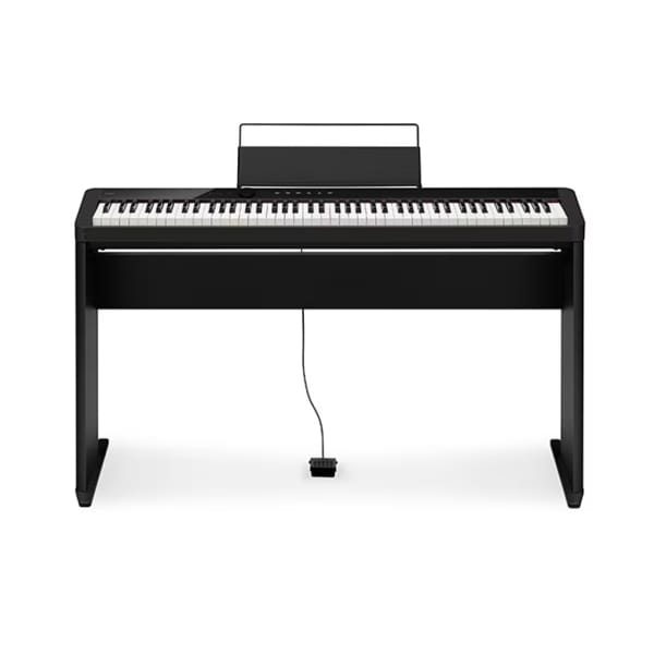 Piano numérique noir avec support intégré, pédale et pupitre. Idéal pour les musiciens amateurs et professionnels.