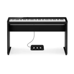 Piano numérique noir avec pédalier intégré, idéal pour les musiciens de tout niveau. Modèle compact avec support intégré.