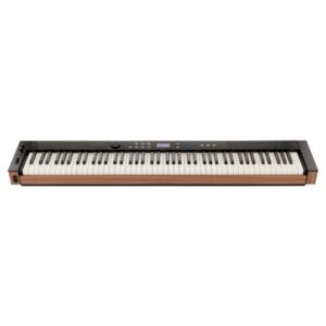 Clavier numérique 88 touches avec bords en bois, écran LED et boutons de commande sur le dessus, idéal pour les pianistes.