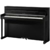 Piano droit numérique noir Kawai avec trois pédales, idéal pour les musiciens amateurs et professionnels.
