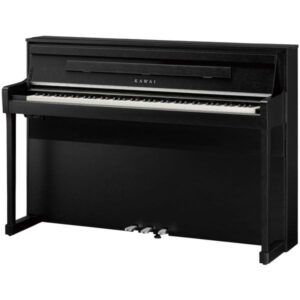 Piano droit numérique noir Kawai avec trois pédales, idéal pour les musiciens amateurs et professionnels.