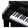 Un piano numérique noir avec des touches blanches et noires et un écran d'affichage numérique sur le côté gauche du clavier.