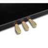 Trois pédales en laiton doré sont montées sur un panneau noir. Indice visuel d'un instrument de musique, probablement un piano.