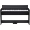 Un piano numérique noir élégant avec trois pédales. Le clavier complet est visible avec des touches blanches et noires.