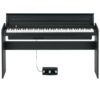 Un piano numérique noir avec une pédale au sol. Il a des touches blanches et noires, sans personnes ni arrière-plan visible.