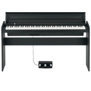 Un piano numérique noir avec une pédale au sol. Il a des touches blanches et noires, sans personnes ni arrière-plan visible.