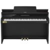 Un piano numérique noir de marque Casio, présentant un design élégant avec trois pédales dorées situées en bas de l'instrument.