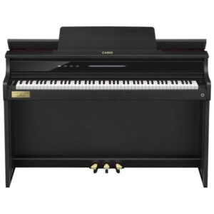 Un piano numérique noir de marque Casio, présentant un design élégant avec trois pédales dorées situées en bas de l'instrument.